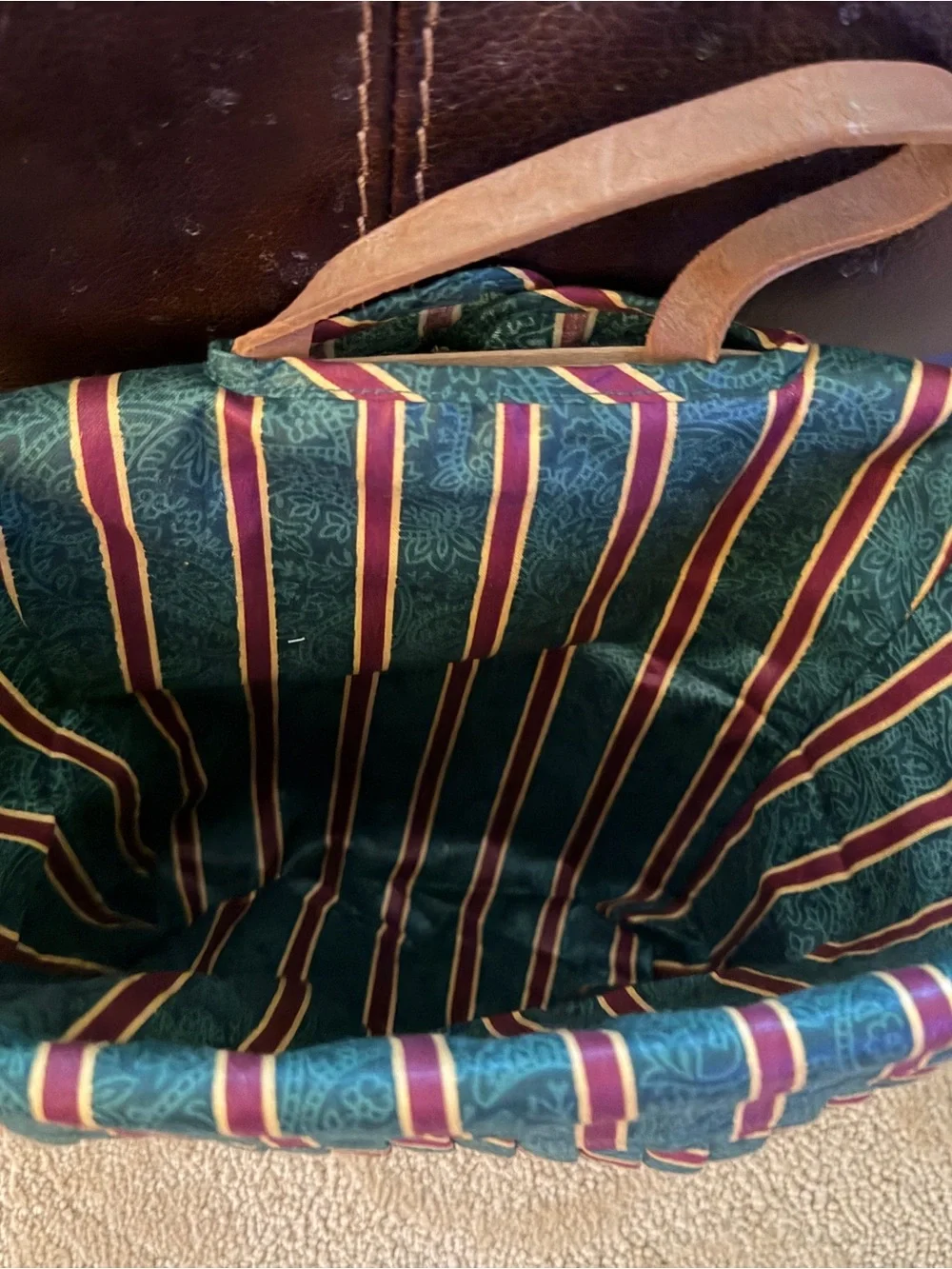Longaberger Basket with Green and Burgundy Striped Liner
